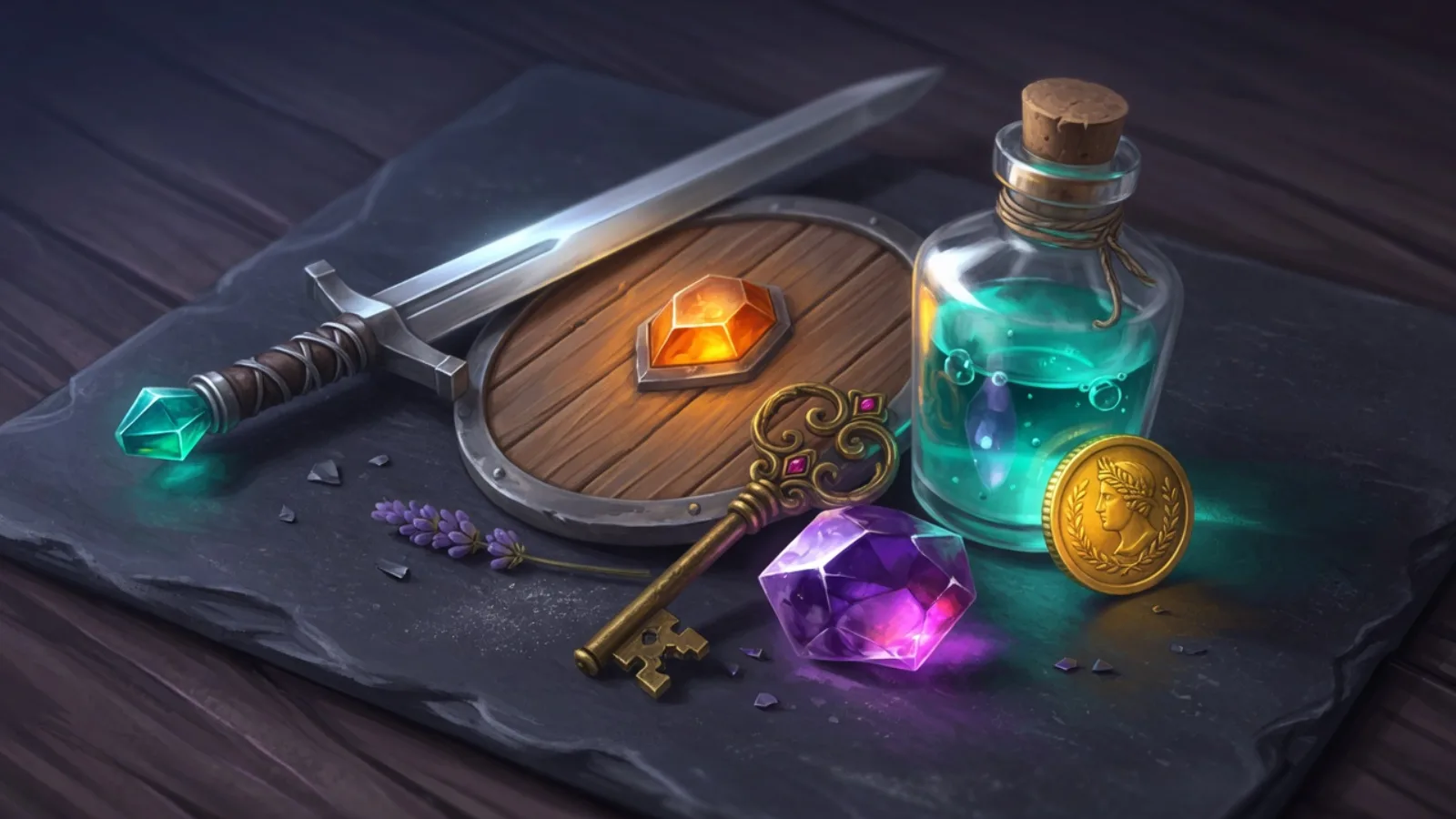 Painterly 2D inventory items: sword, shield, potion, key, gem, coin