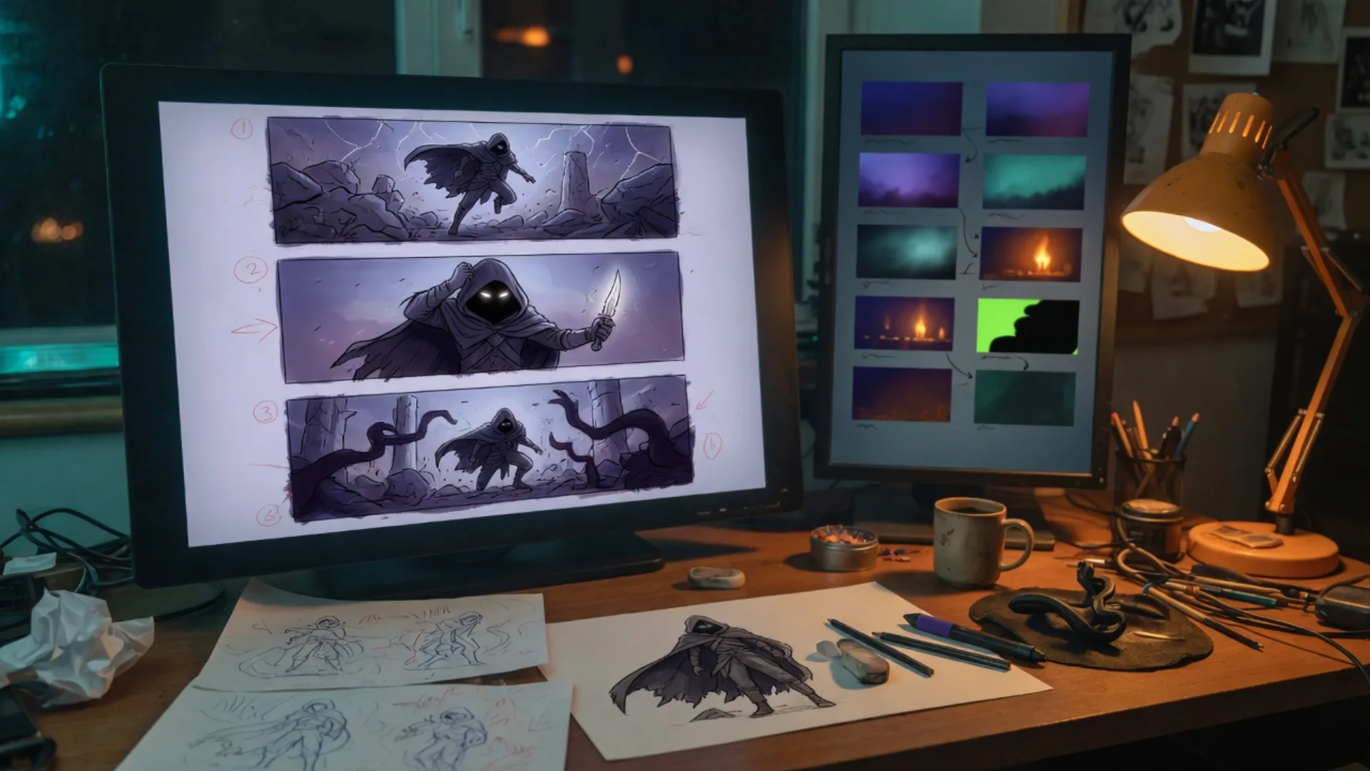 Animation desk with storyboard panels, color script, and sketches