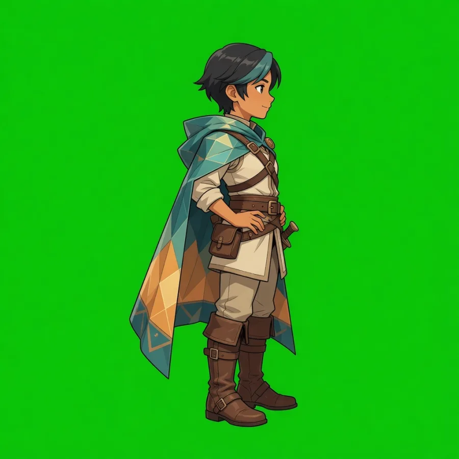 Keyed 2D adventurer sprite on chroma green