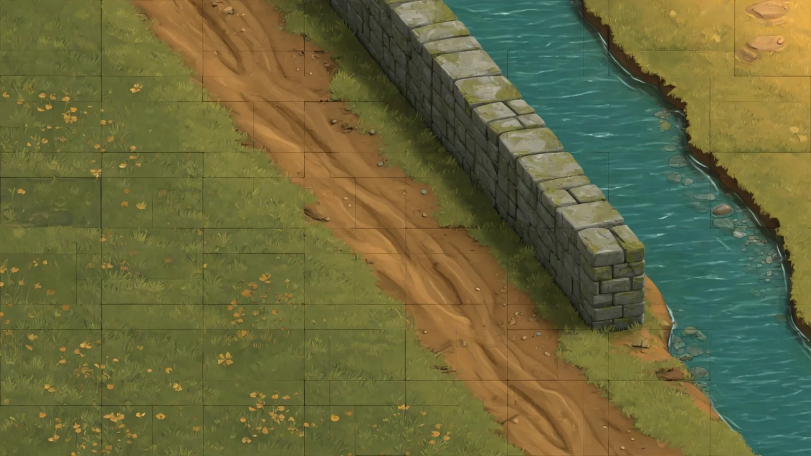 2D tileset diorama of grass, path, stone, and river