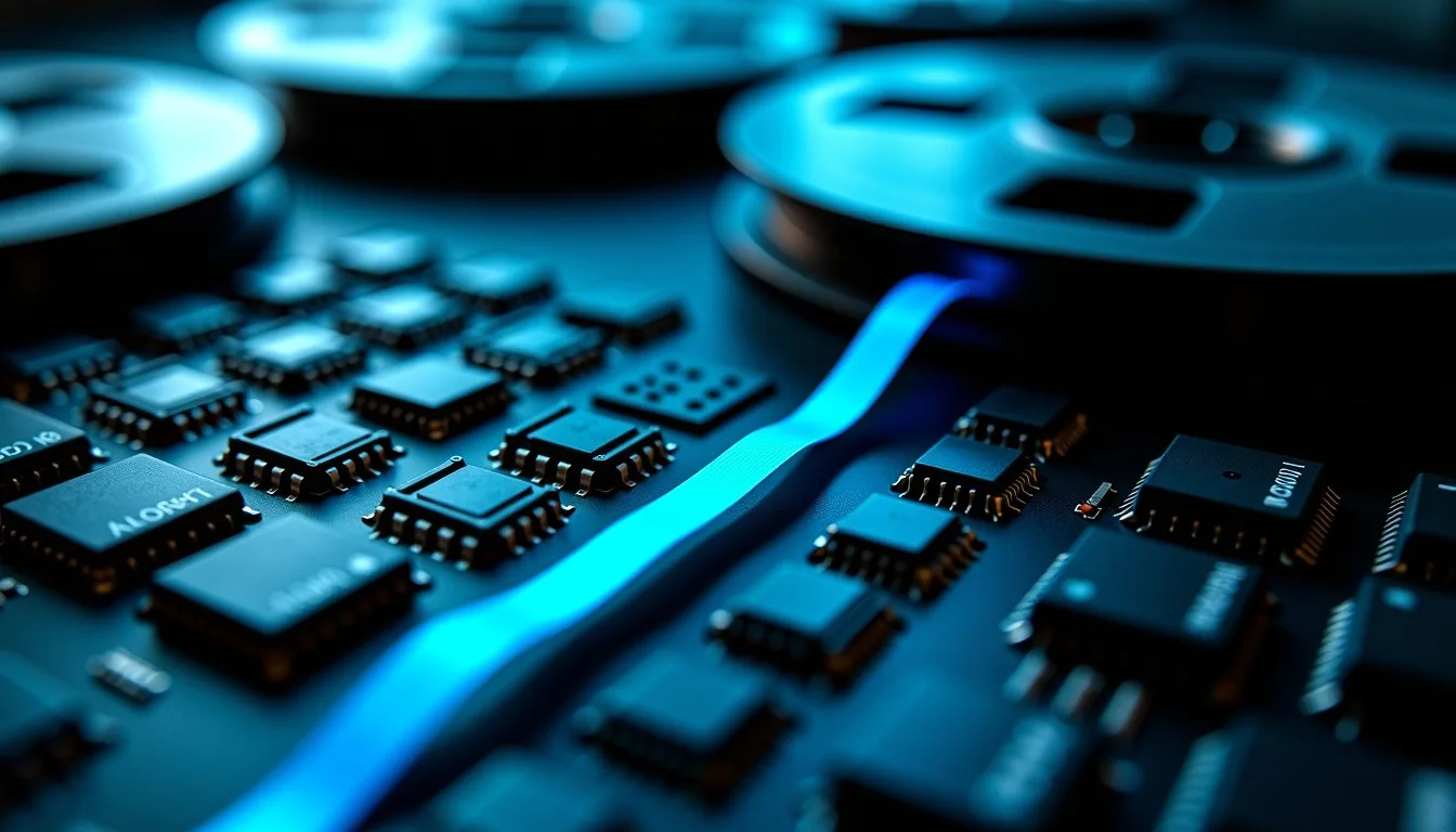 Electronic component tape reels and chip trays arranged on a dark surface
