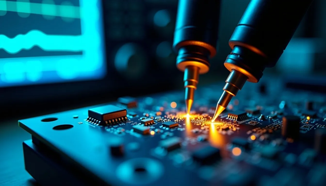 Prototype circuit board under oscilloscope probes on a lab bench