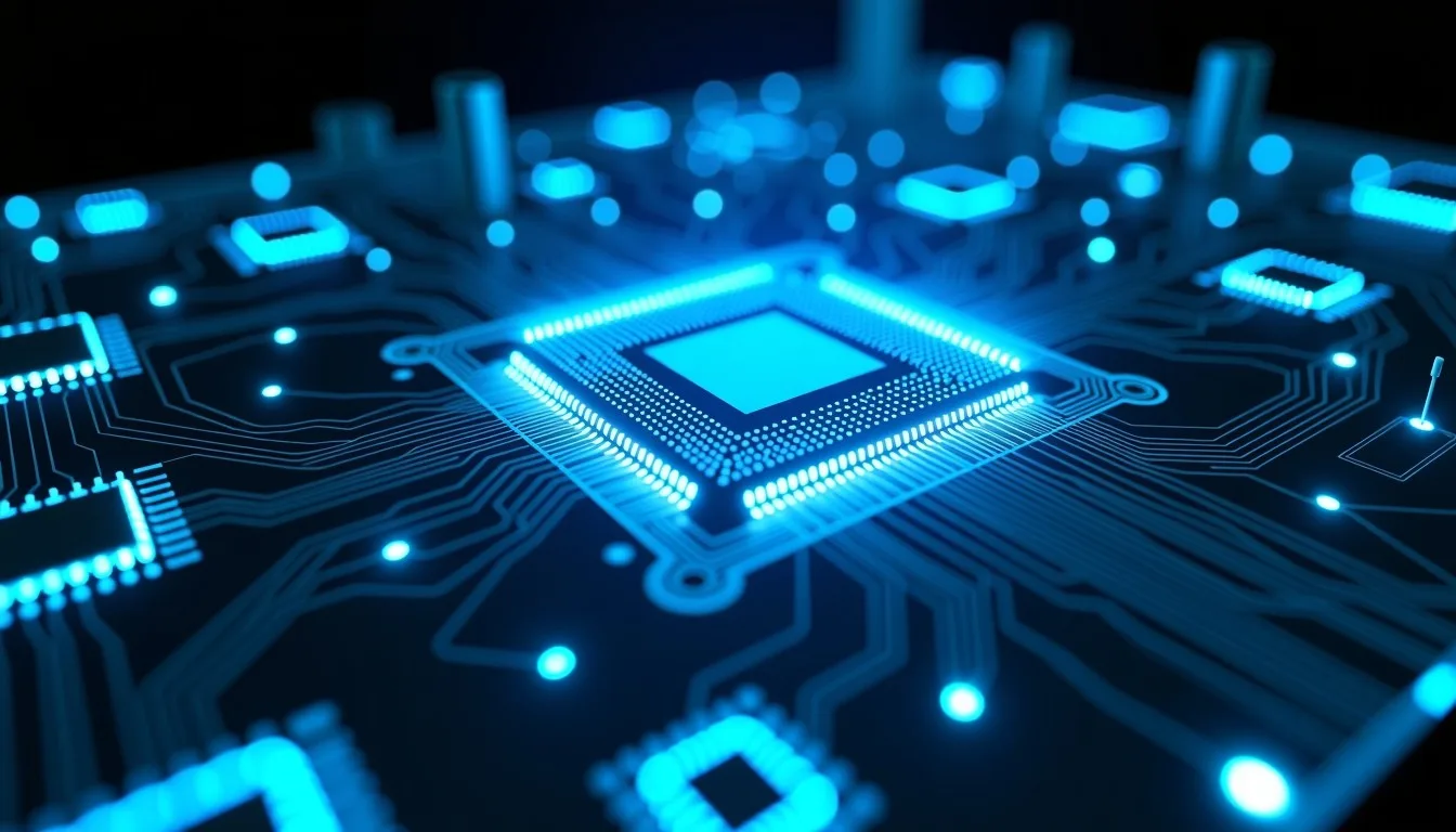 Multilayer printed circuit board with glowing copper traces and schematic wireframe overlay