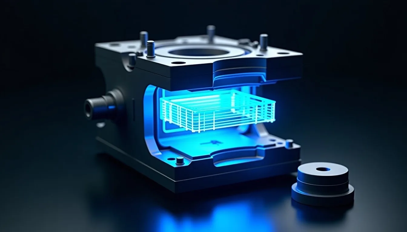 Opened steel injection mold showing an enclosure cavity with a molded part beside it