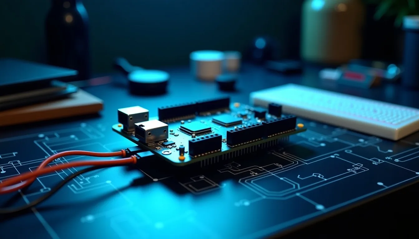 Development board wired to sensor modules on a workbench