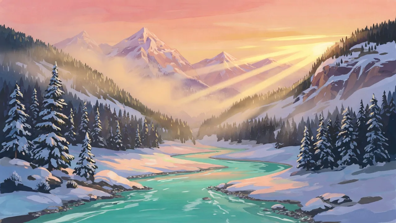 Original 2D painted alpine valley with a turquoise melt river at sunrise