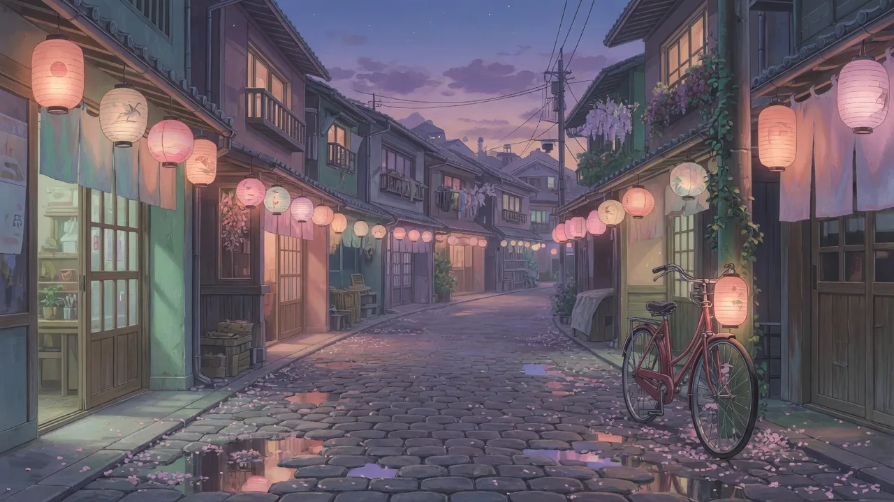 Original 2D anime street with lanterns, cherry blossom, and cobblestones