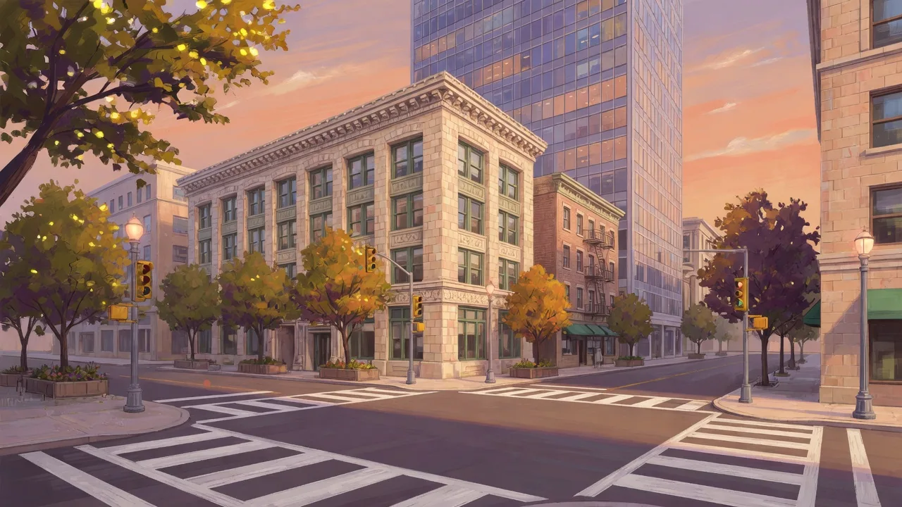 Original 2D painted downtown city block at dusk