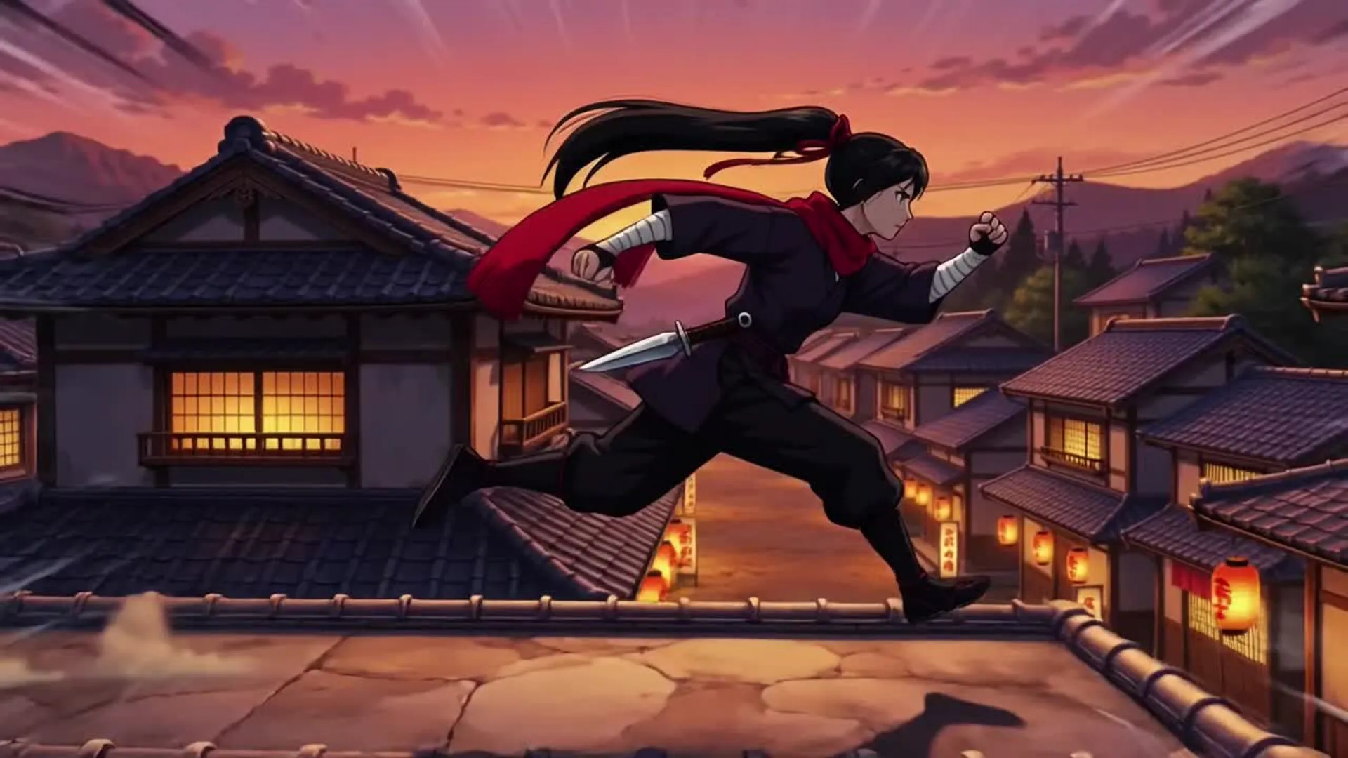 Original 2D anime kunoichi leaping between tiled rooftops at dusk