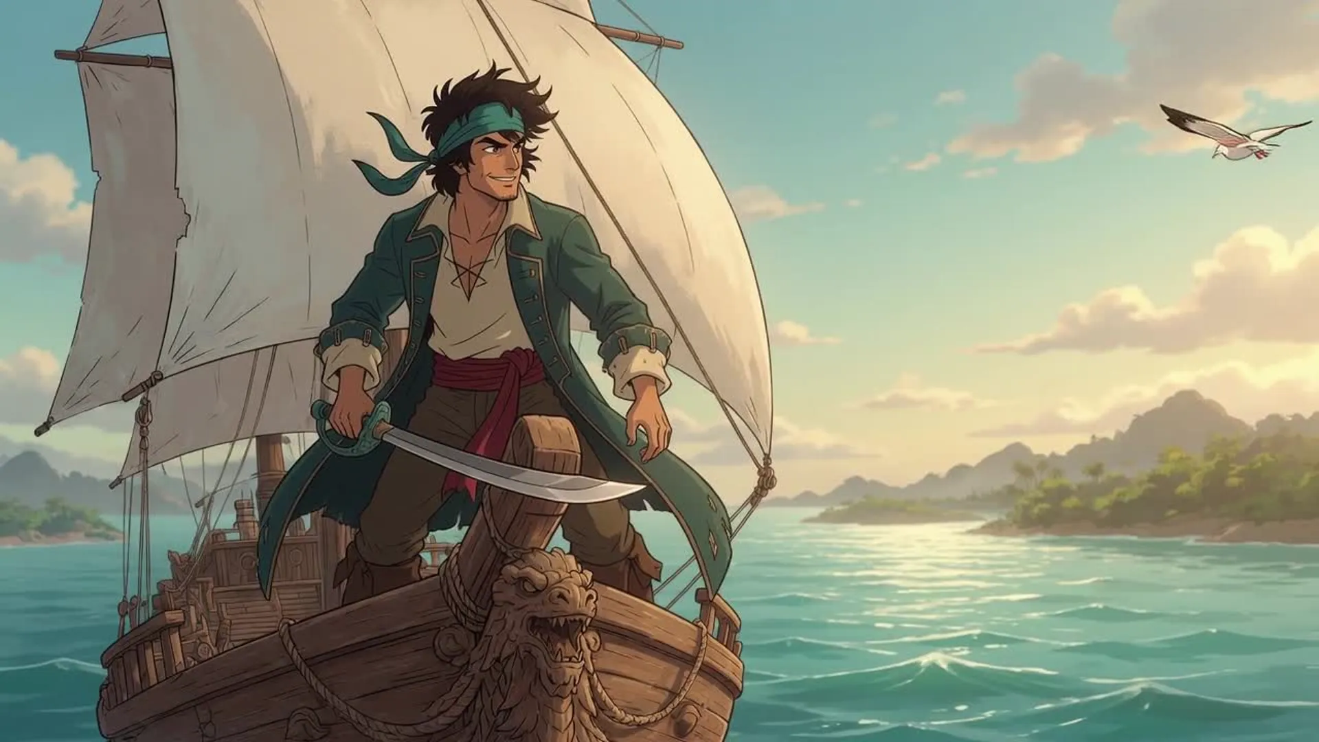 Original 2D anime pirate captain swinging a cutlass on the bow of a wooden ship