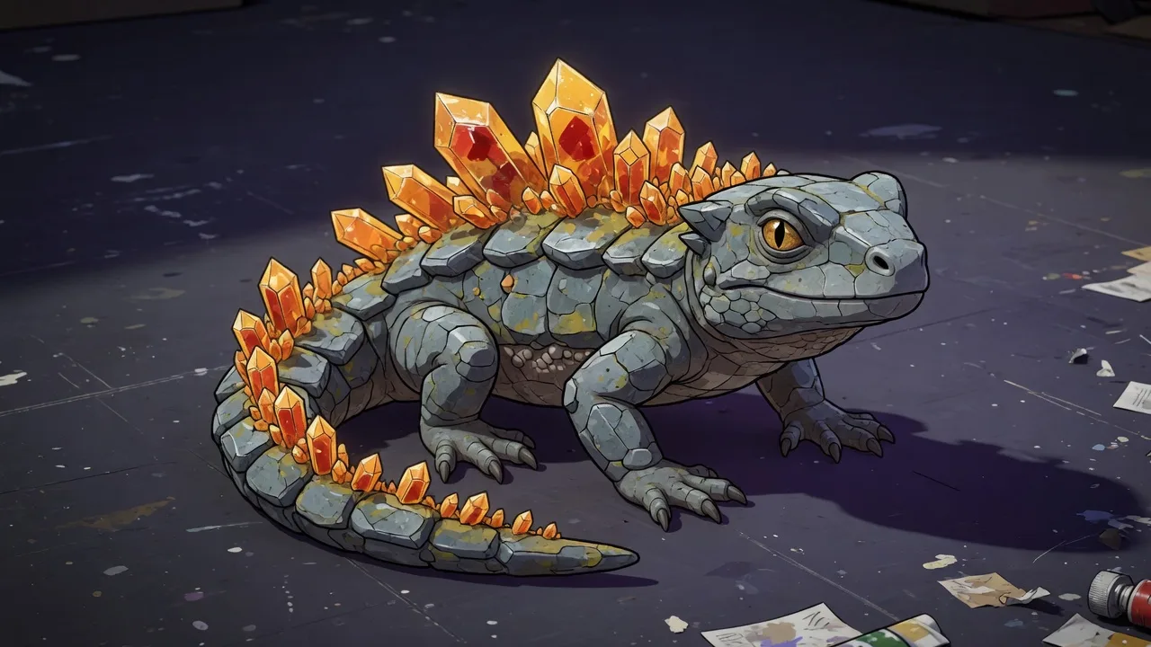 Original 2D stone-plated lizard companion with amber crystals