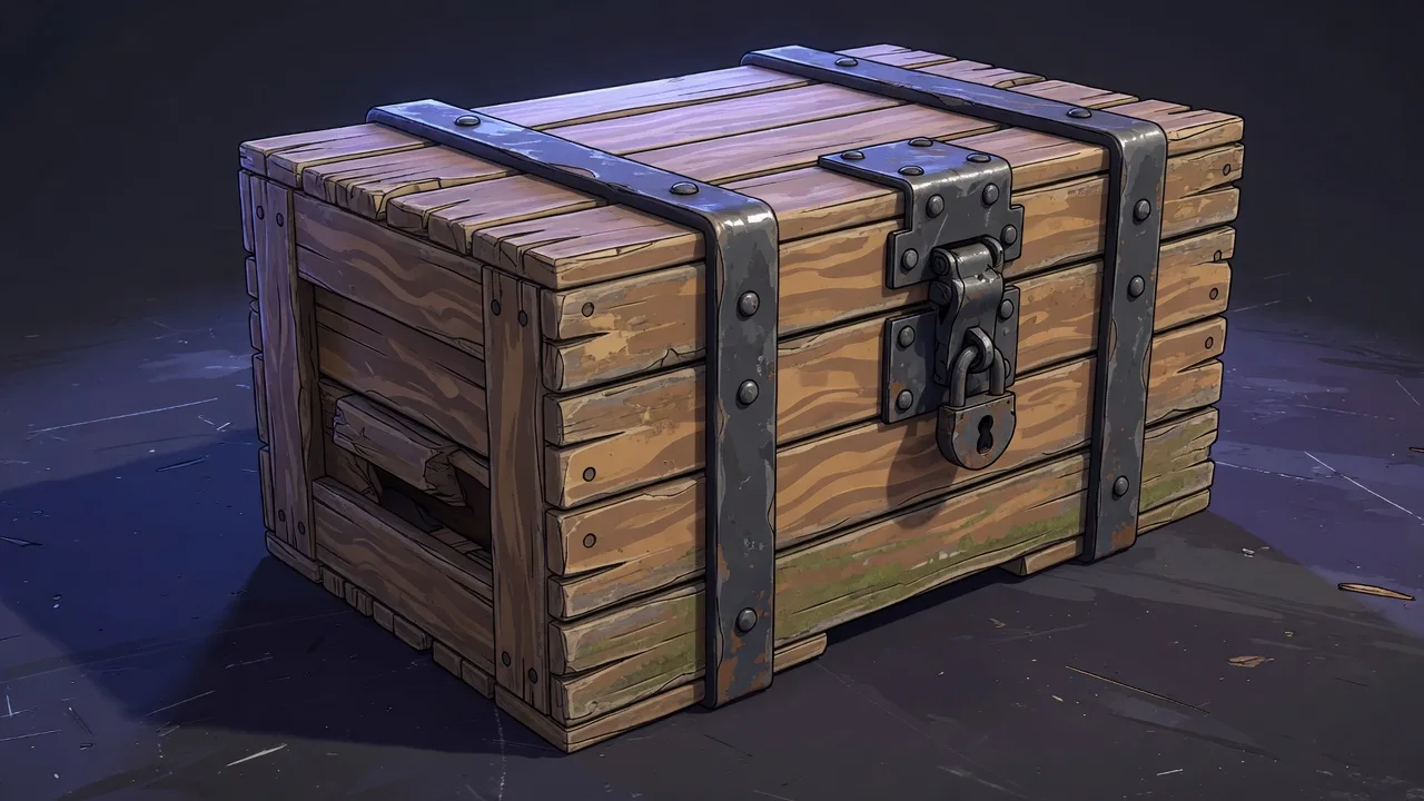 Original 2D weathered wooden crate with iron bands