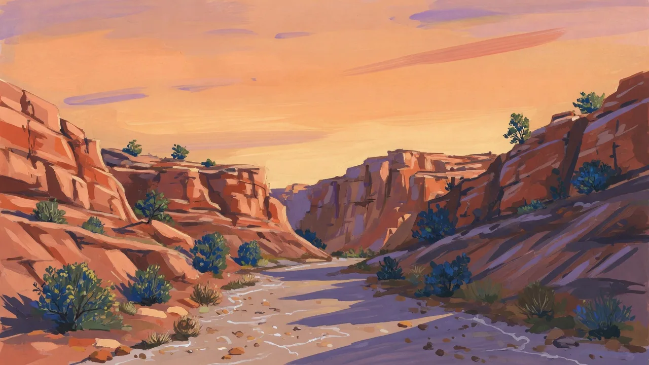 Original 2D painted desert canyon at golden hour
