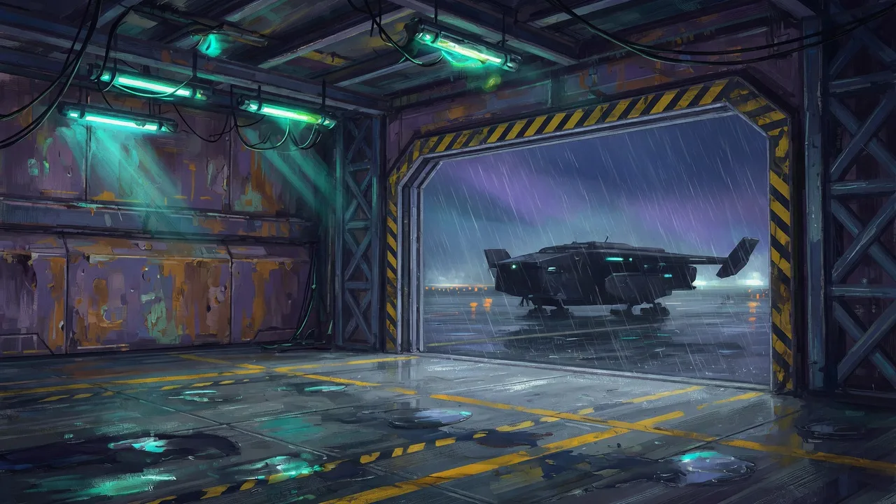 Original 2D painted sci-fi hangar at night
