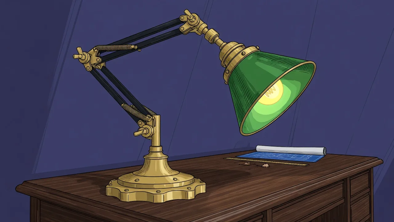 Original 2D brass desk lamp with a green glass shade