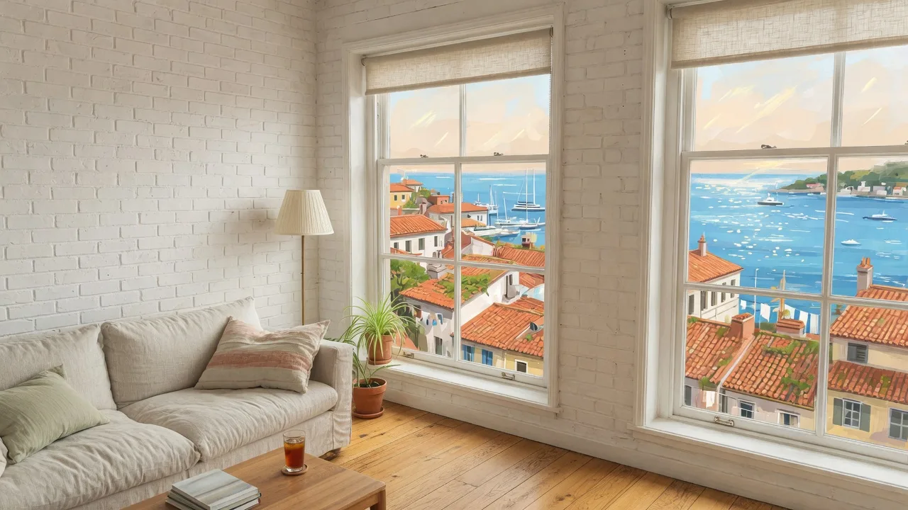 Original 2D painted loft interior with harbour windows