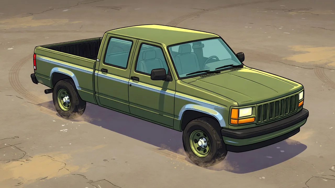 Original 2D illustration of an olive pickup truck