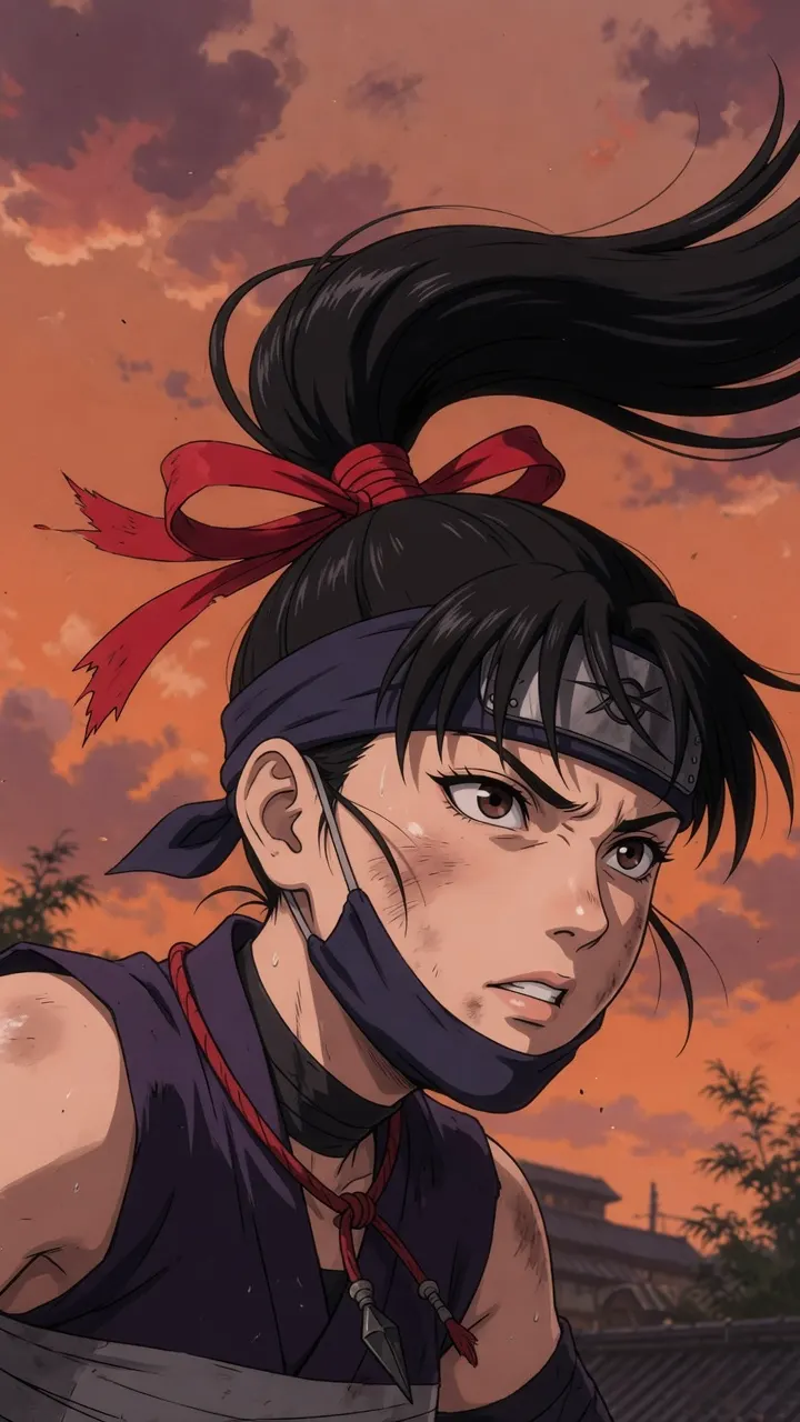 Original 2D anime kunoichi at dusk