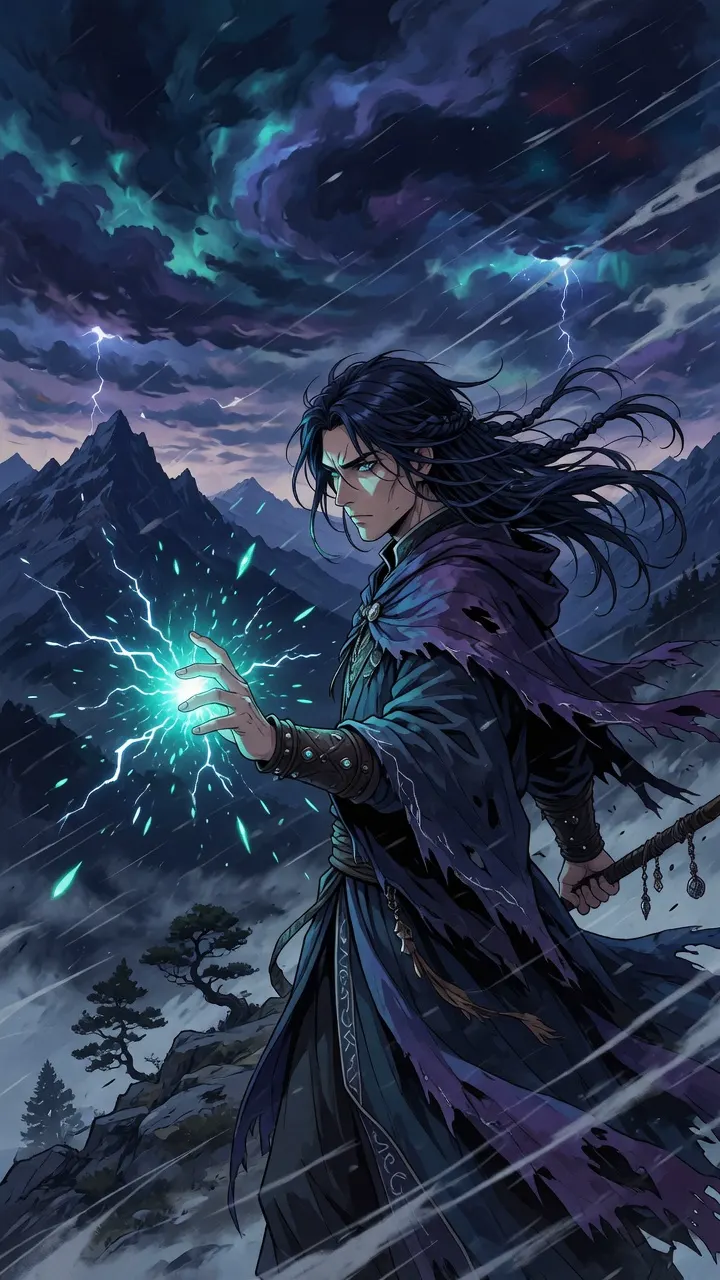 Original 2D anime mage in a storm