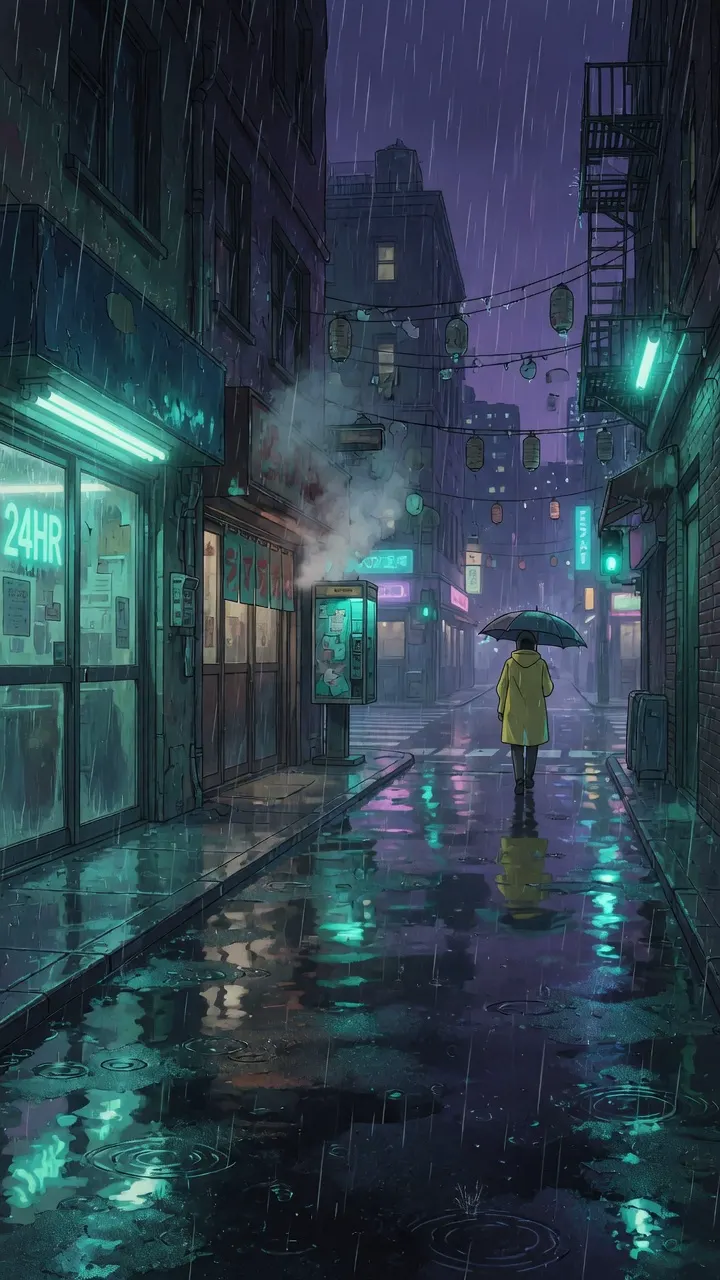 Original 2D anime rainy city
