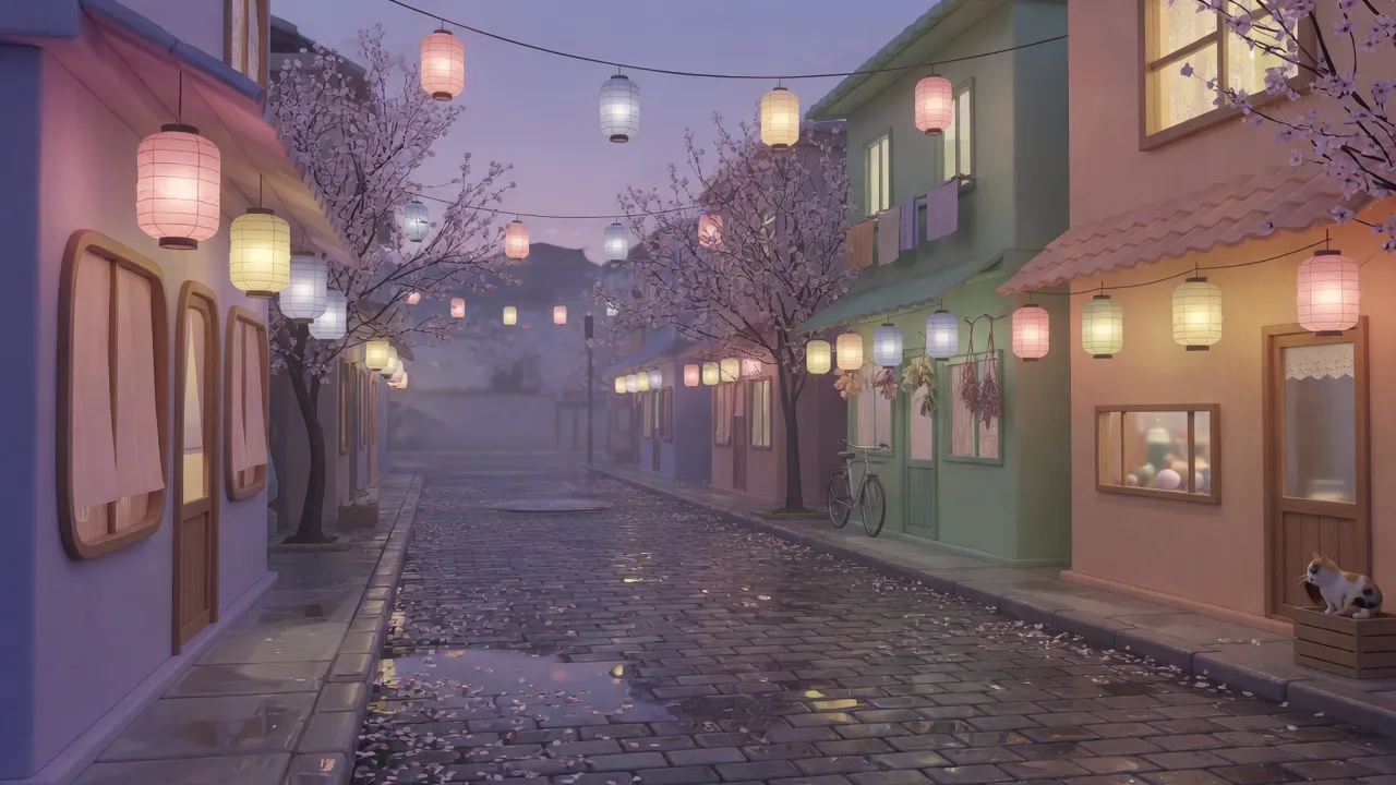 Original 3D anime street with lanterns, cherry blossom, and cobblestones