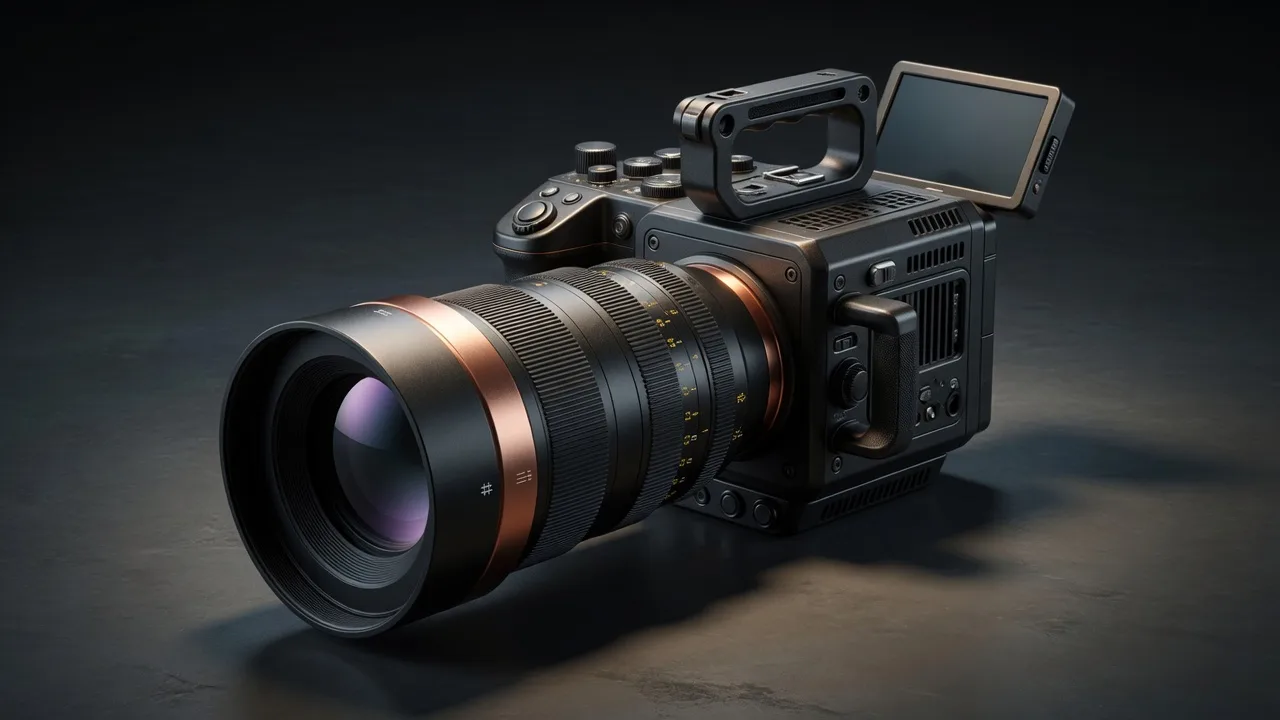 Original 3D cinema camera with a copper accent ring on the lens