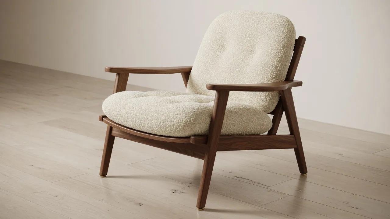 Original 3D walnut lounge chair with a cream boucle seat