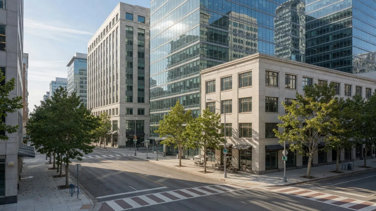 Original 3D downtown city block with glass towers and limestone offices