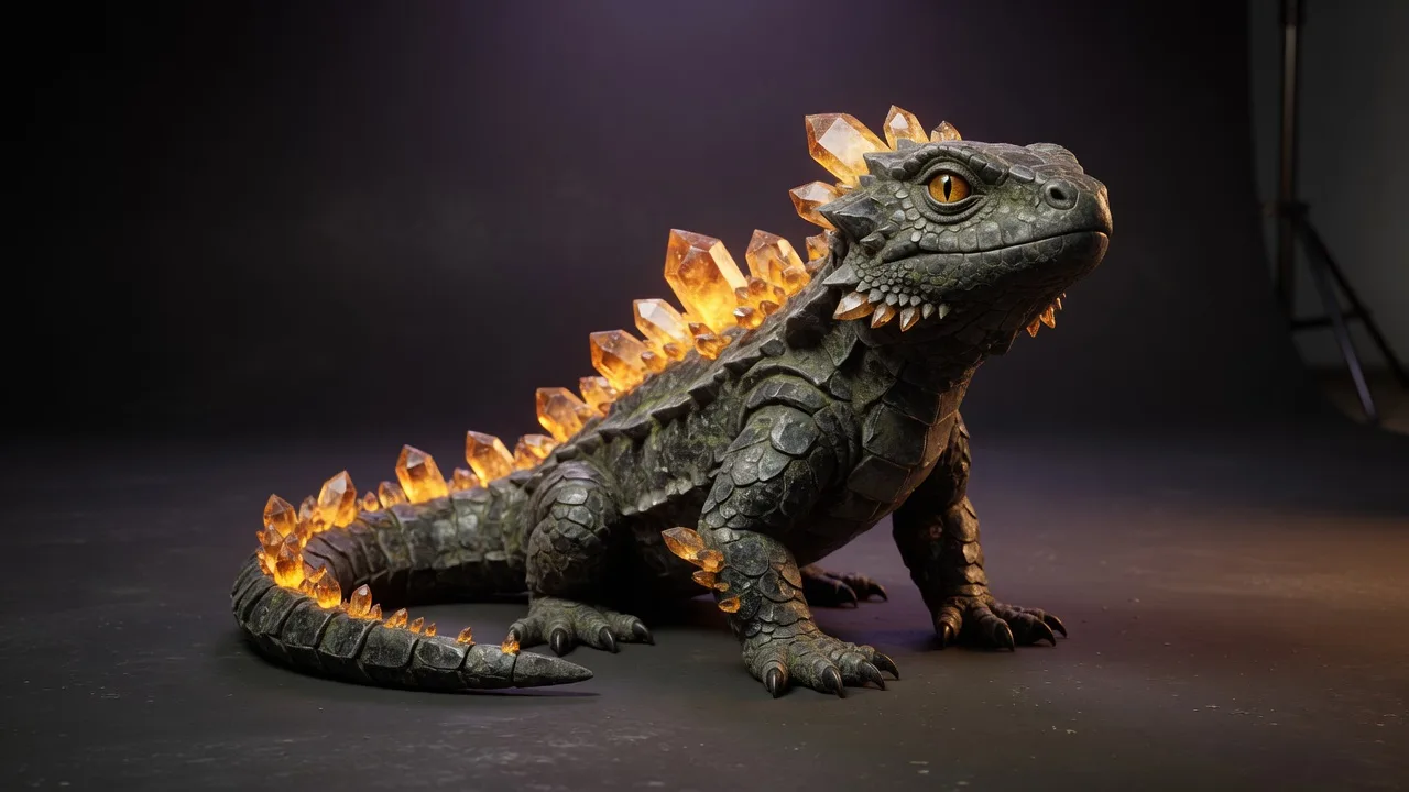 Original 3D stone-plated lizard companion with amber crystal ridges