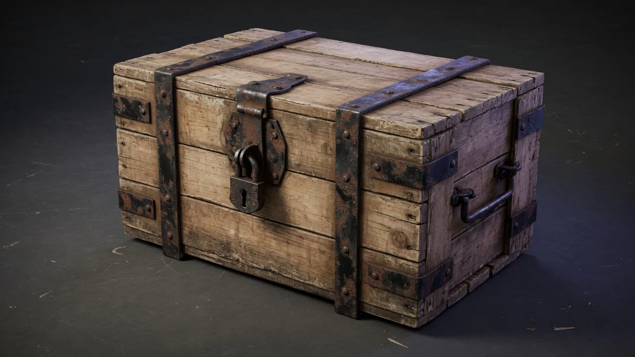 Original 3D weathered wooden crate with iron bands
