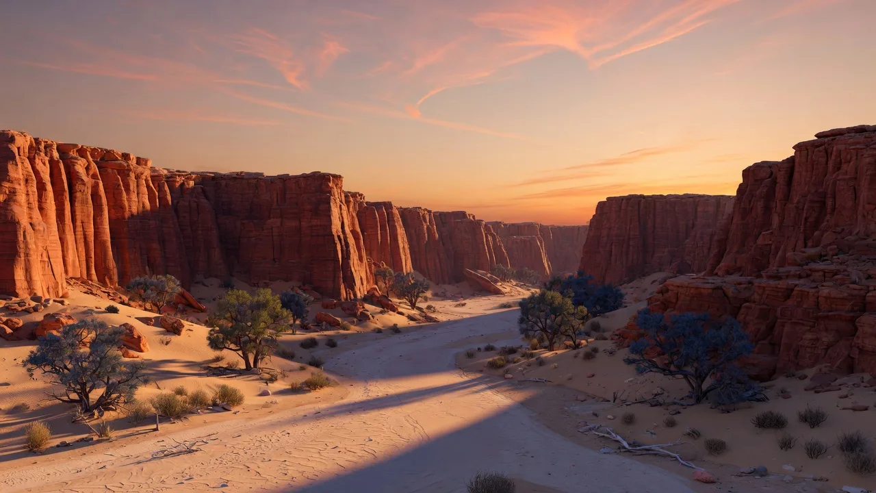 Original 3D desert canyon with red sandstone walls at golden hour