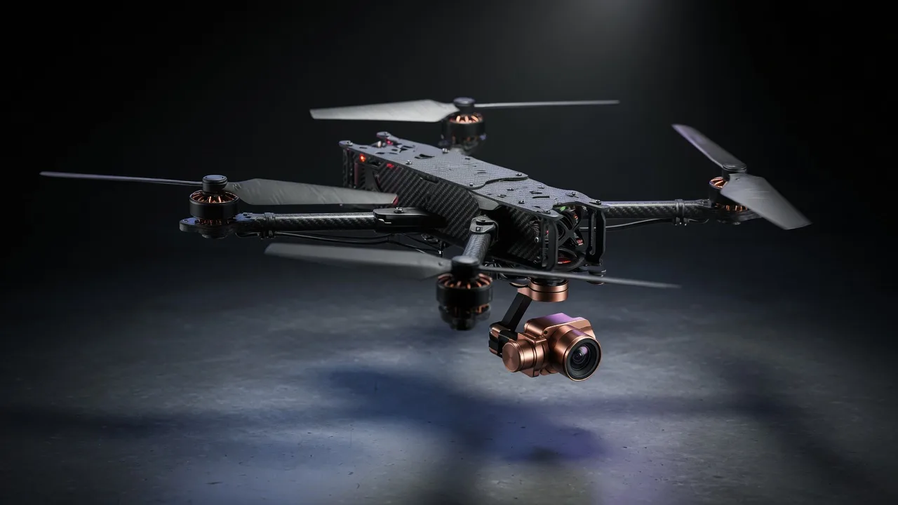 Original 3D carbon-fiber quadcopter drone with a copper camera gimbal