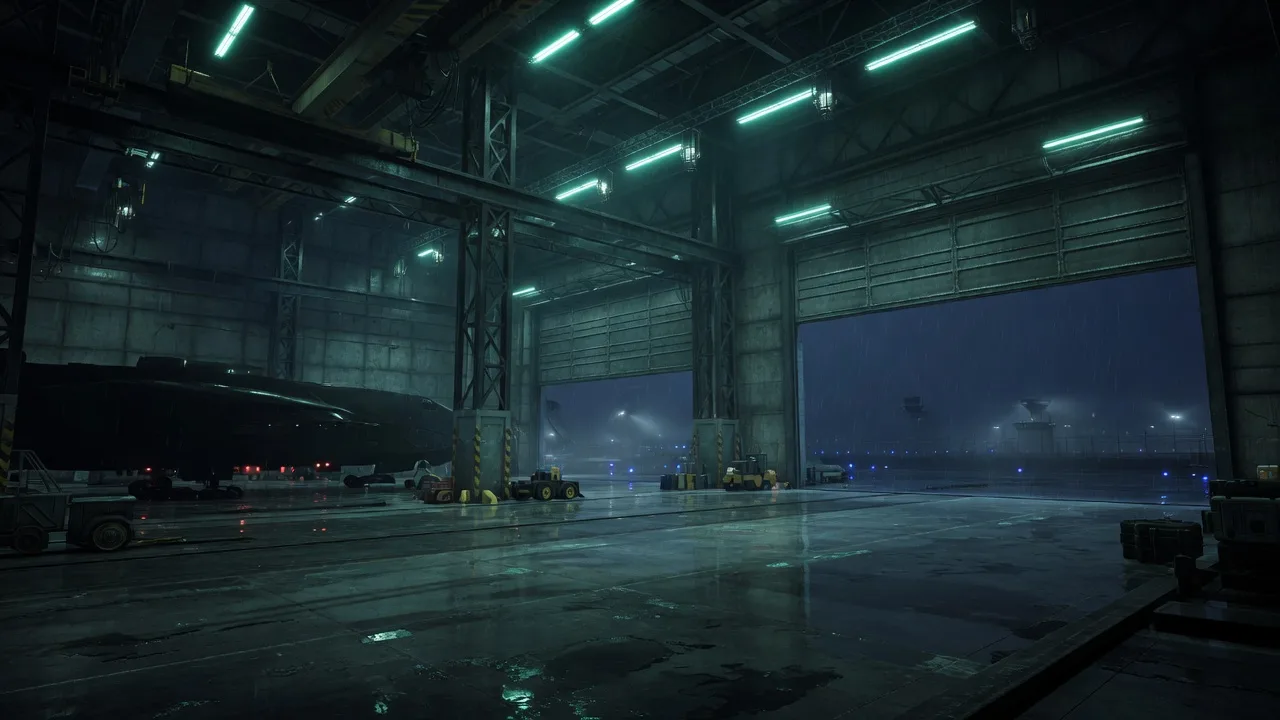 Original 3D sci-fi hangar at night with teal lights and a cargo craft
