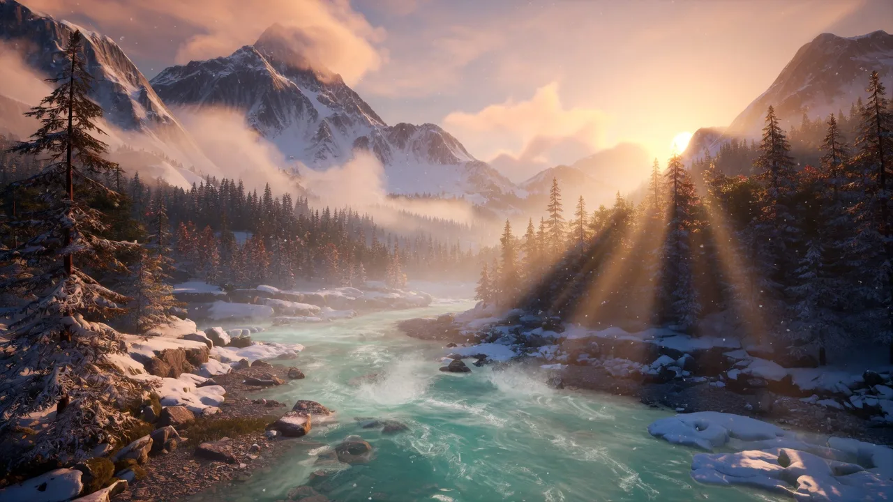 A cinematic 3D alpine landscape at sunrise