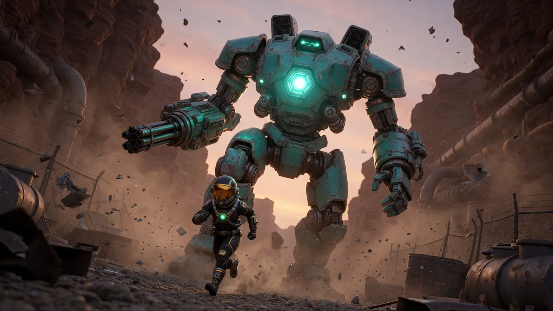 3D astronaut running from a teal mech in a desert canyon