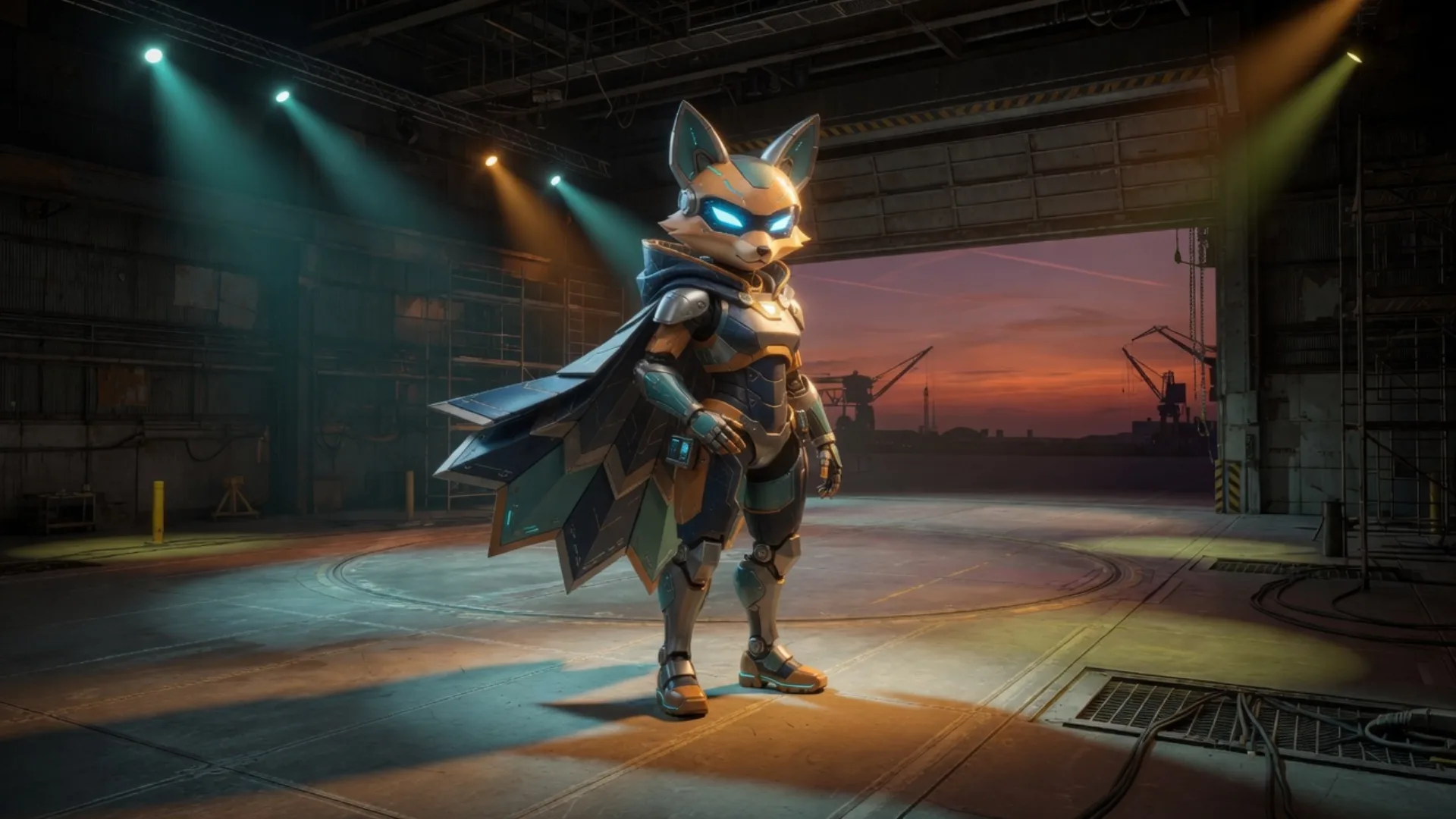 Cinematic 3D fox android in a hangar