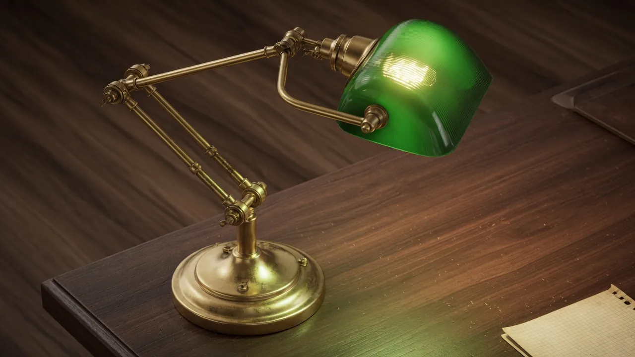 Original 3D brass architect desk lamp with a green glass shade
