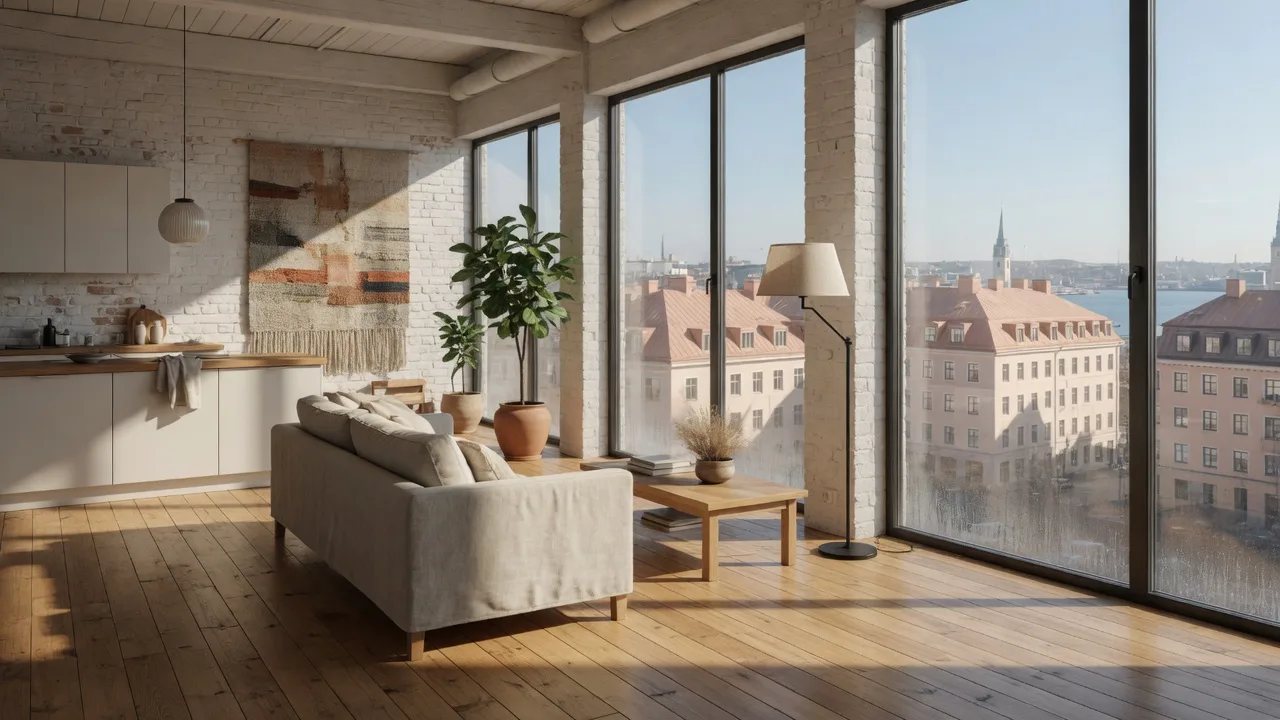 Original 3D loft interior with brick, oak floors, and harbour windows