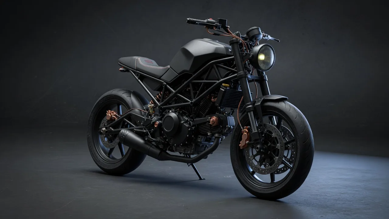 Original 3D matte-black motorcycle with copper brake calipers
