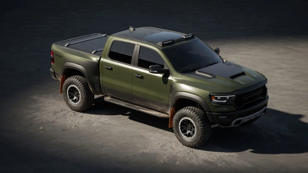 Original 3D olive crew-cab pickup truck