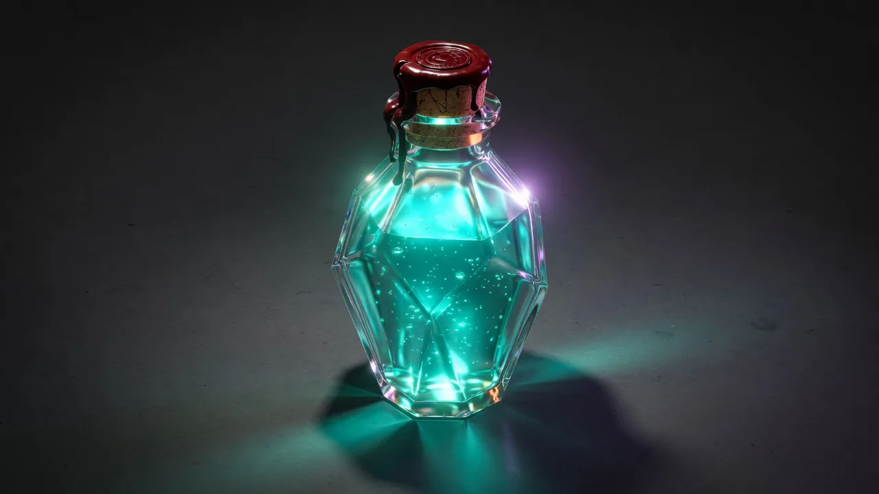 Original 3D faceted potion flask filled with glowing teal liquid