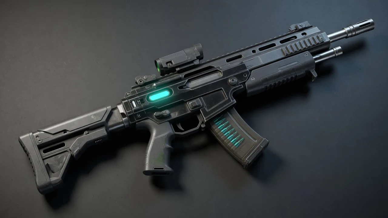 Original 3D sci-fi rifle with a teal status light