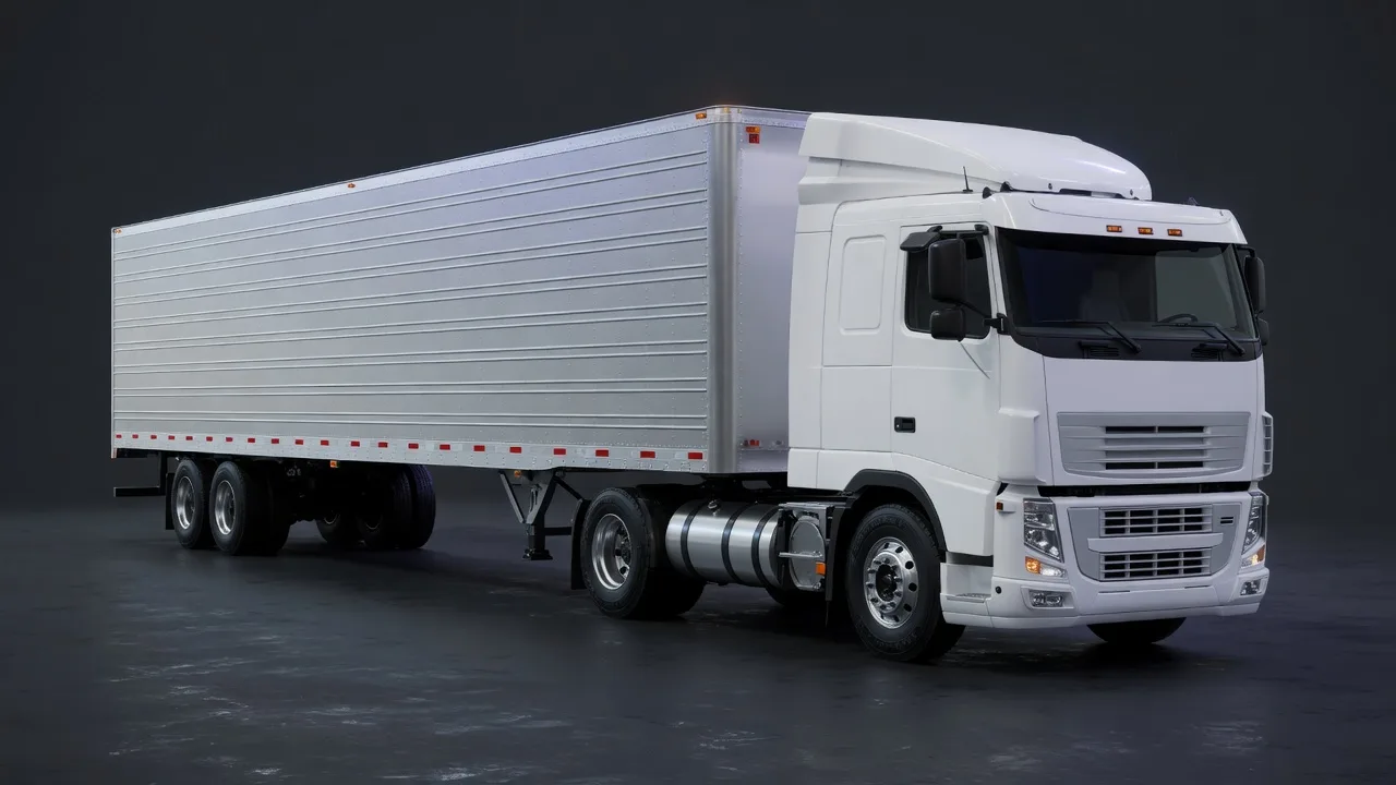 Original 3D white cab-over semi truck with a silver trailer