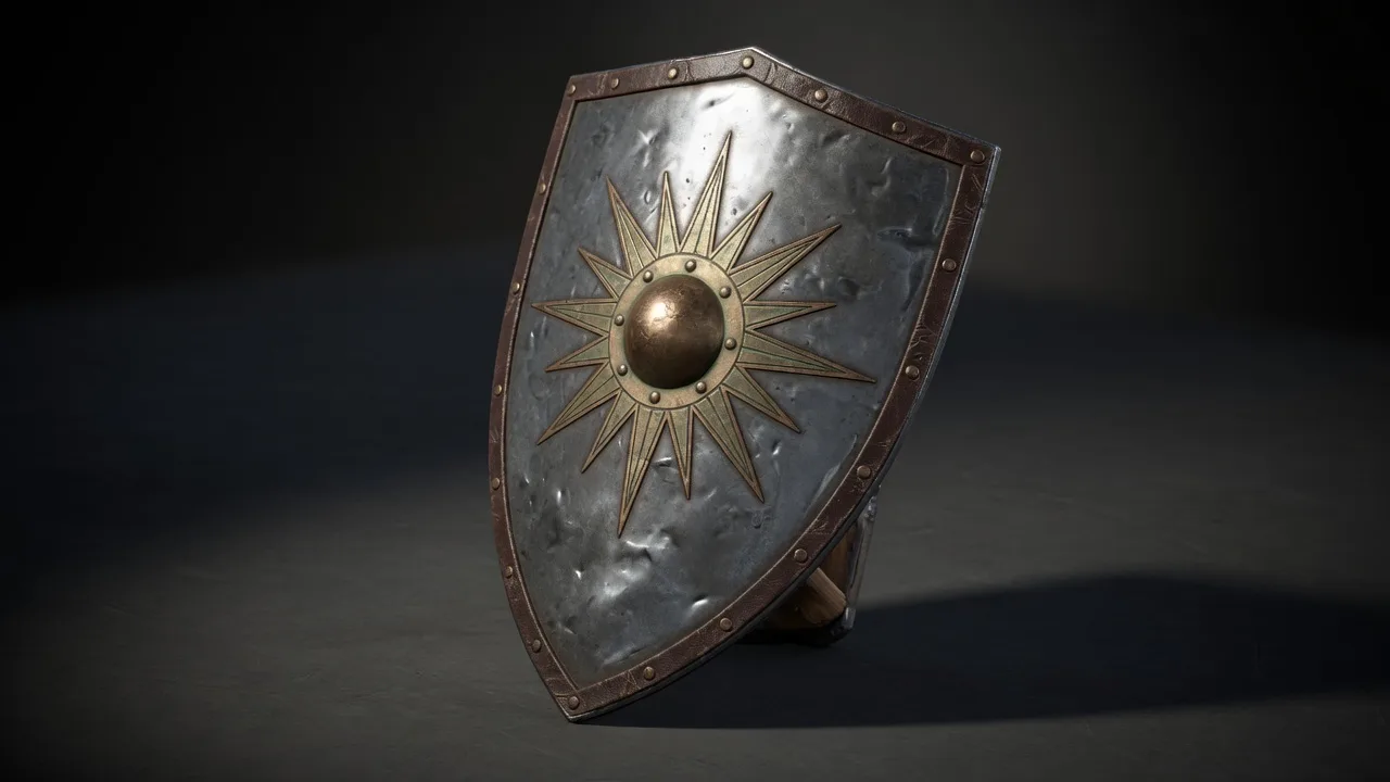 Original 3D kite shield with a bronze sunburst emblem