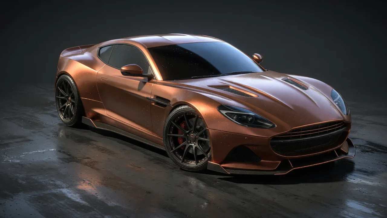 Original 3D copper sports coupe on a wet studio floor