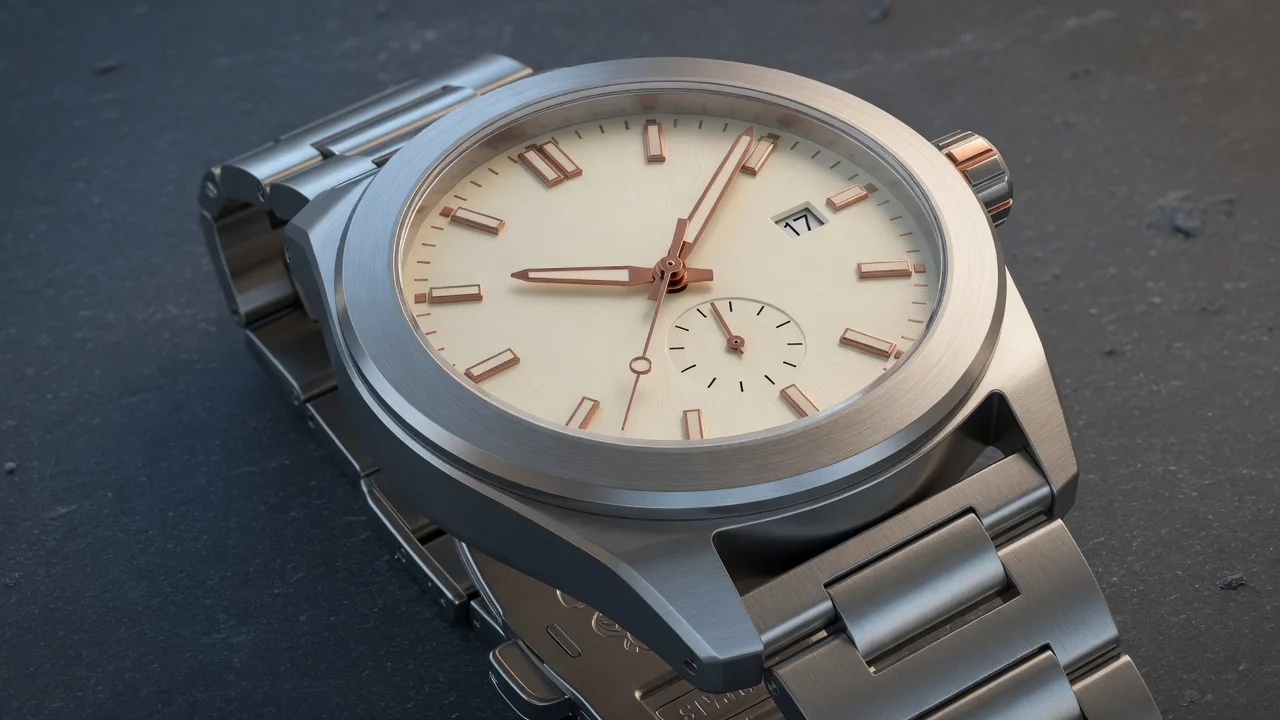 Original 3D titanium wristwatch with a cream dial and copper hands