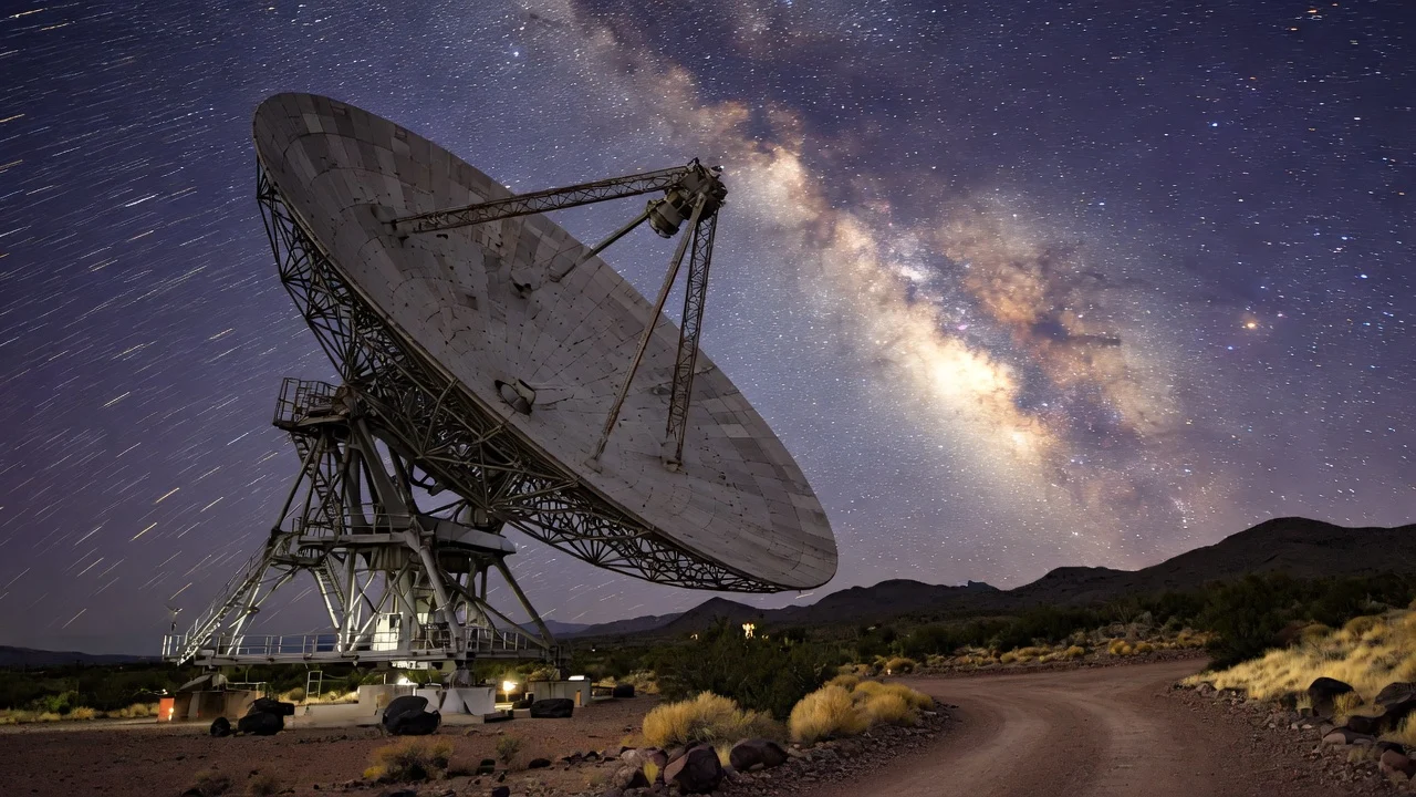 Deep-space ground station dish against a night sky