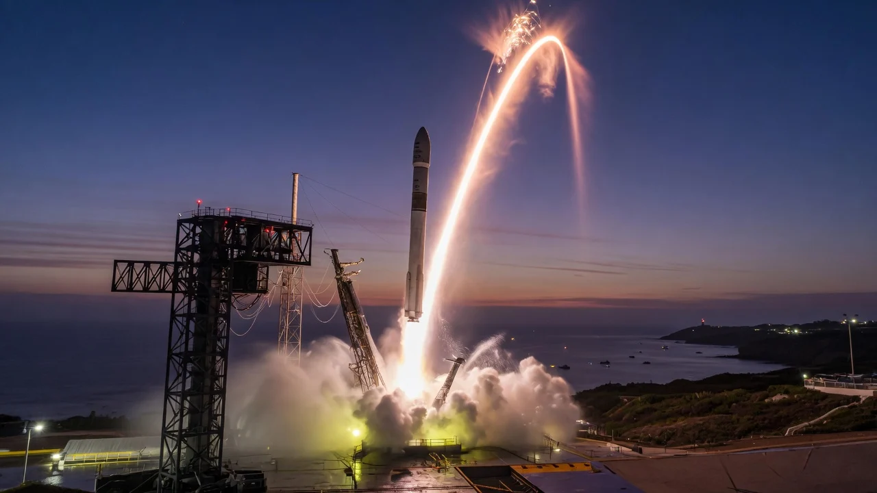 Night launch of a medium-lift rocket from a coastal pad, plume arcing over the ocean