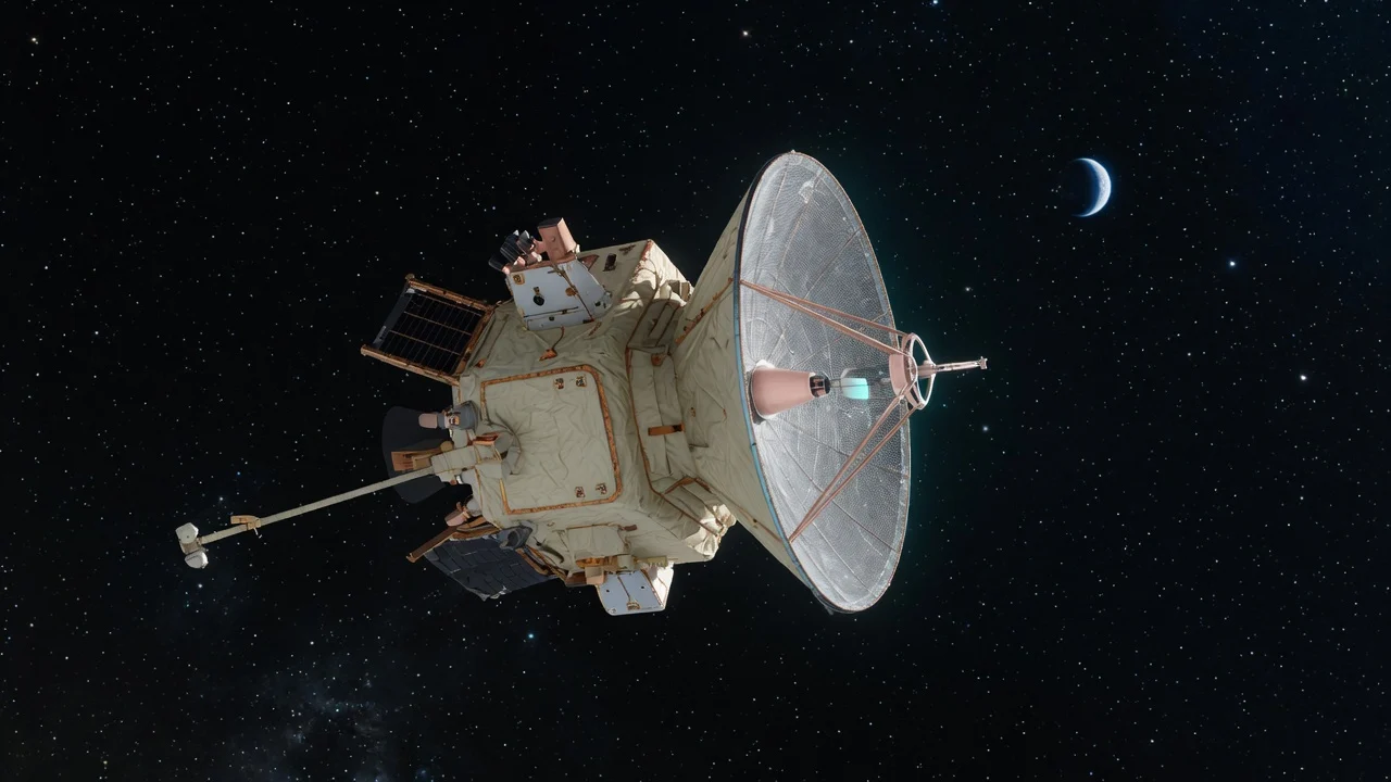 Uncrewed deep-space probe with a high-gain dish, a crescent world in the distance