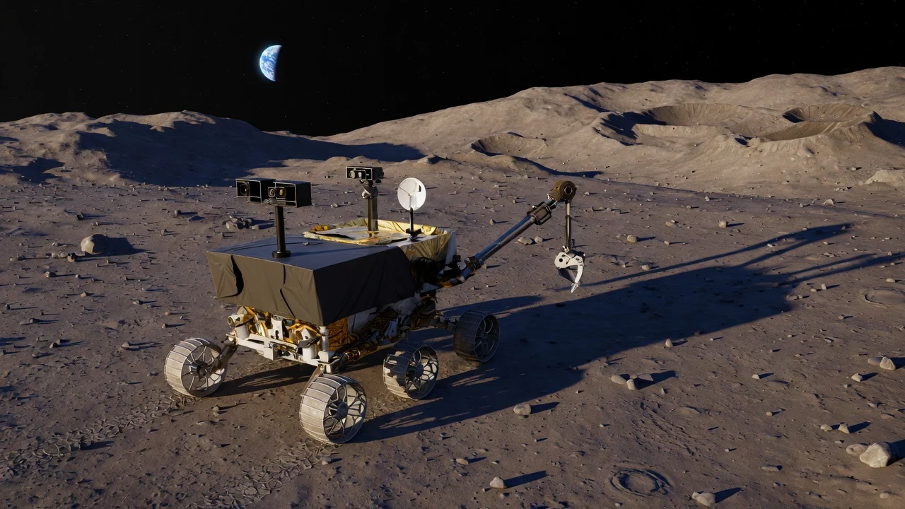Lunar rover on the surface with Earth on the horizon